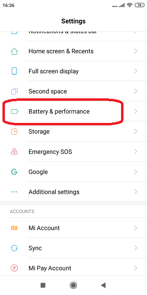 click on battery & permisssions
